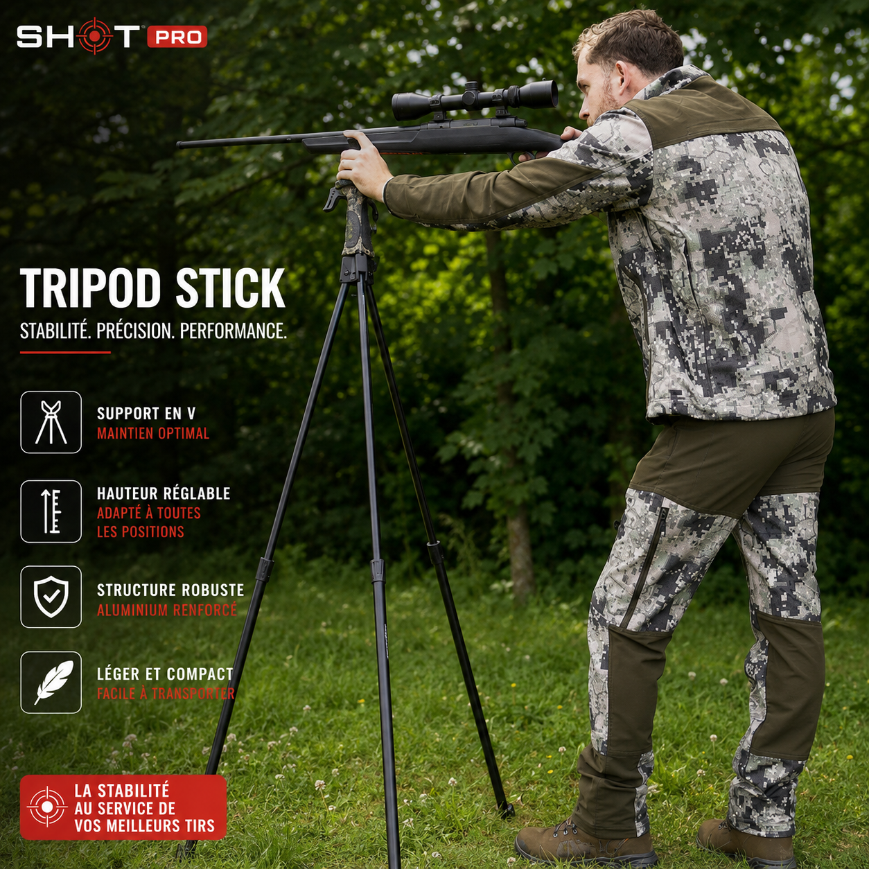 Canne de pirsch Trépied de tir aluminium 90 à 165 cm